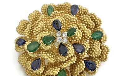 Vintage 1950's Sapphire Emerald Diamond Flower Brooch 18K Yellow Gold, 48.50 Gr