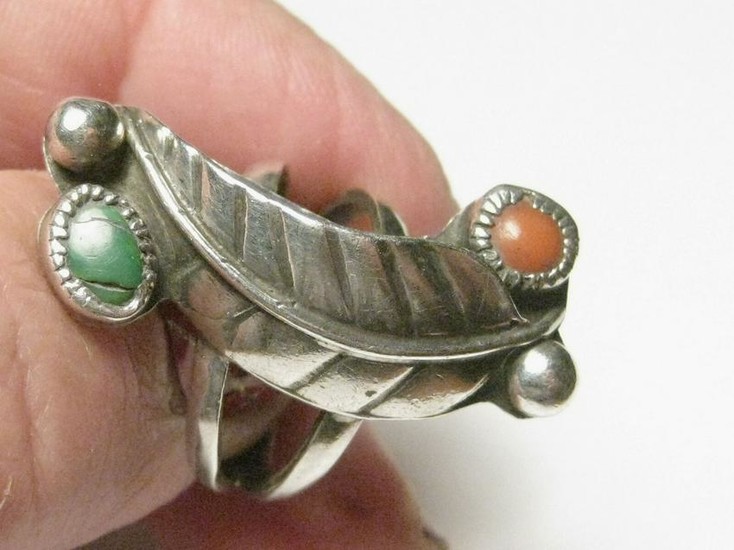 Vintage .925 Southwestern Ring, Coral/Turq. Raised Open
