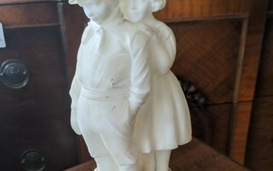 Vintage Carved Alabaster Stone Sculpture Of Boy & Girl