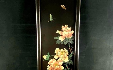 Vintage Chinese Signed Black Lacquer Hand Painted Carved Butterflies Wall Panel #2
