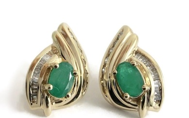 Vintage Oval Green Emerald Diamond Drop Earrings 10K Yellow Gold, 3.79 Grams