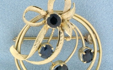 Vintage Sapphire Bow Design Pin in 14K Yellow Gold