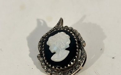 Vintage Sterling Silver cameo mother of pearl marcasite pendant