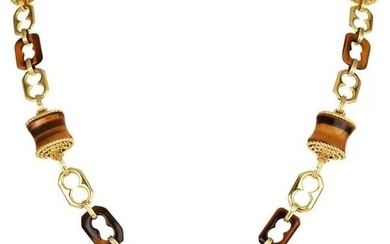 Vintage Tiger's Eye 18K Gold Barrel Link Long Necklace
