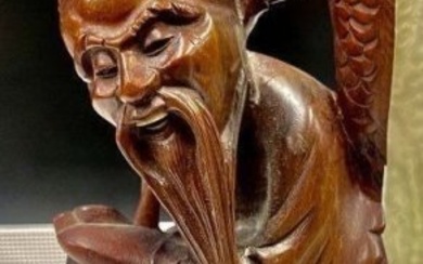 Vintage Wood carved Chinese Figurine Old Man with Fish 12.5 in. tall