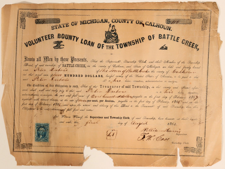 Volunteer County Loan for the Township of Battle Creek - Civil War (#2) #105932