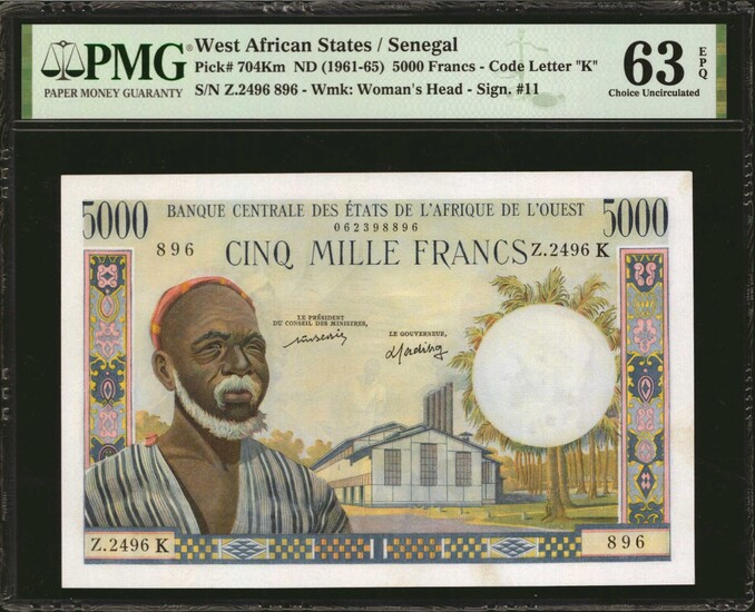 WEST AFRICAN STATES. Banque Centrale des Etats de l'Afrique de l'Ouest. 5000 Francs, ND (1961-65). P-704Km. PMG Choice Uncirculated 63 EPQ.
