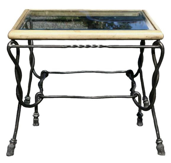 WROUGHT IRON AND BEVELED GLASS MODERN END TABLE
