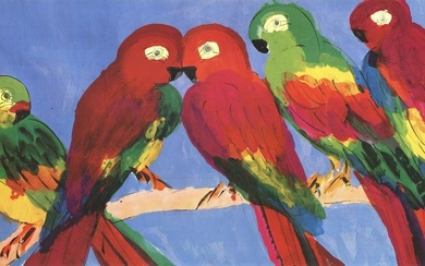 Walasse Ting - Parrots - Offset Lithograph 29.5" x 46"