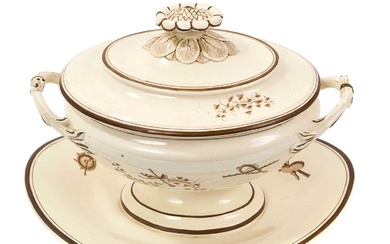 Wedgwood creamware oval two handled sauce tureen, cover and fixed stand