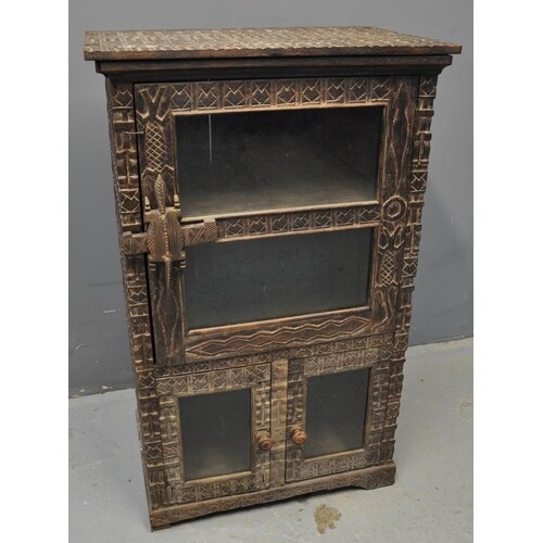 West African heavily carved hardwood side cabinet overall de...