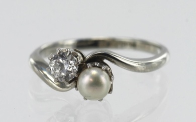 White gold (tests 18ct) vintage diamond and pearl Toi Et Moi...