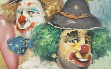 William Moninet, American 1937-1999- Two clowns; oil on canvas, signed 'W. Moninet' (lower left), bears label to the reverse of the frame, 61.5 x 51 cm