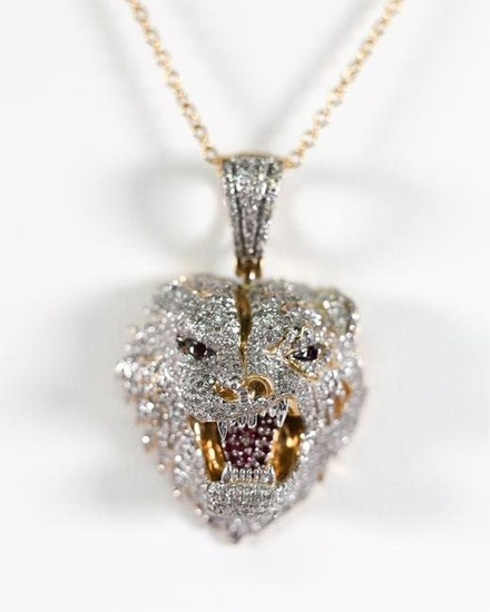 YELLOW GOLD DIAMOND SNARLING LION PENDANT NECKLACE
