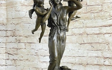 Young Lady Complimented By Two Cherubs Bronze Sculpture - 35lbs