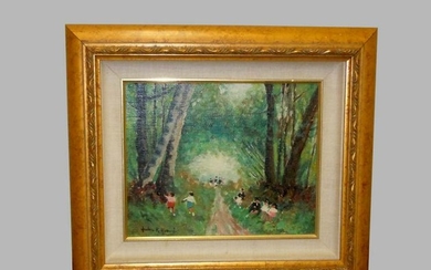 JULES RENE HERVE CHILDREN PLAYING IN WOODS OIL