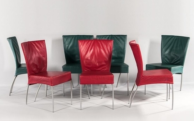 Seven Leather Dining Chairs, possibly Italy, late 20th century, four green, three red, unmarked, ht. 34 1/2, wd. 19 1/2, dp. 25 in.