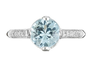 1.11 Carat Round Aquamarine Diamond Platinum Art Deco Engagement Ring