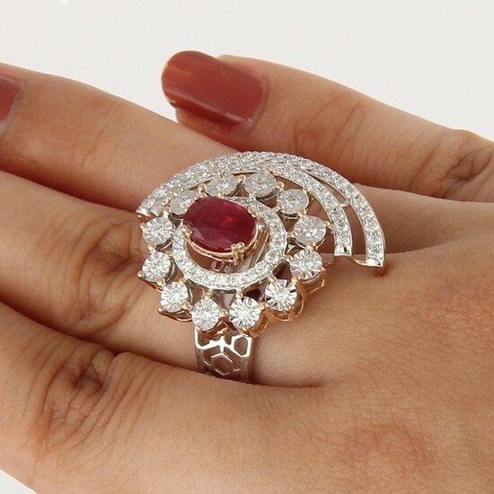 14 K White & Rose Gold Ruby (GIA Cert.) & Diamond Ring