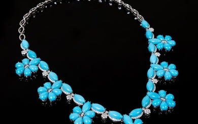 14K White Gold Diamond and Cabochon Sleeping Beauty Turquoise Link Necklace, with 16 gold links