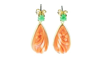 18 kt. Gold, Yellow gold - Earrings - 1.50 ct agates - coral