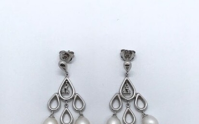 18 kt. White gold - Earrings - 3.00 ct Natural Pearl - Diamonds