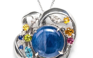 18 kt. White gold - Necklace with pendant - 24.71 ct Sapphire - 0.10 ct Diamonds + 1.16 ctMultiple Gemstones - No Reserve Price