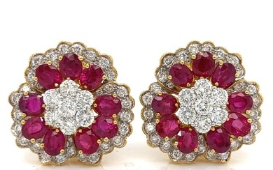 18K Yellow Gold Ruby and Diamond Flower Earrings