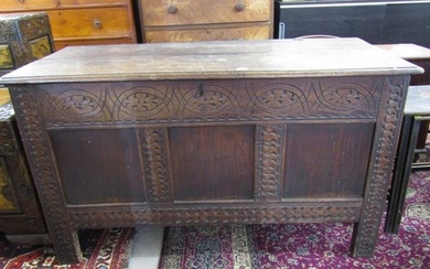 18th CENTURY OAK COFFER, with 3 panel front, carved frame an...