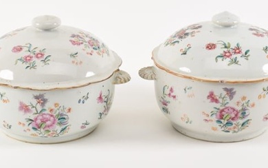 18th century Chinese export porcelain. Pair of large covered round handled tureens. Famille rose