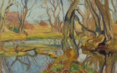 1918/1 - Johannes Larsen: "Ellemose". Trees reflected in Ellemose Bog. Signed with monogram and dated 32. Oil on canvas. 53 x 60 cm.