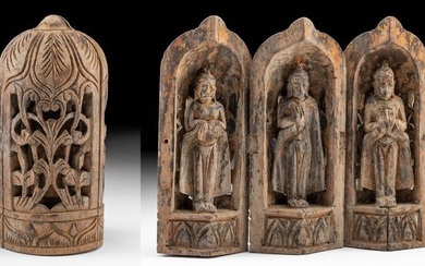 19th C. Chinese Folding Wood Travel Altar, 3 Guanyin