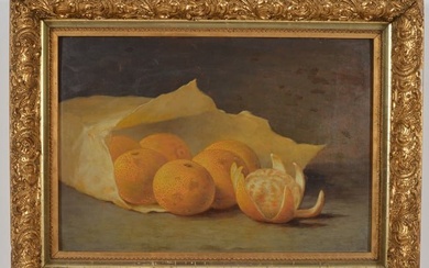 19th century American school still life painting of peeled oranges falling from a paper bag. Oil on