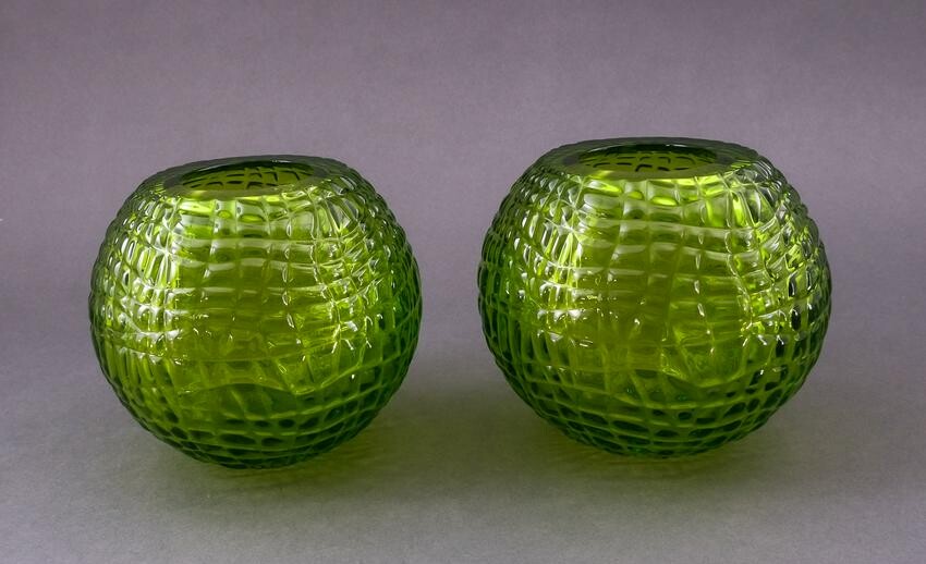 2 Baccarat Crystal Green Round Vases
