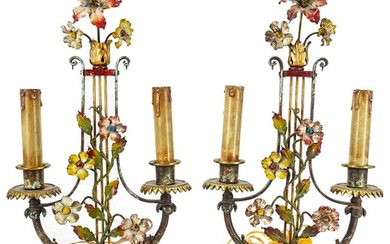 (2 Pc) Pair Of Vintage Floral Painted Metal Candelabra Table Lamps