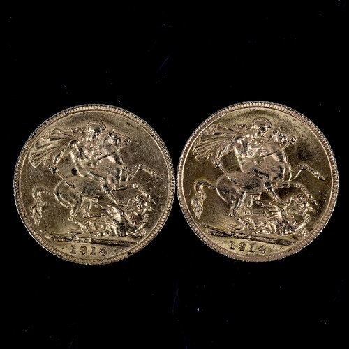 2 x George V 1914 gold full sovereign coins, 15.9g total