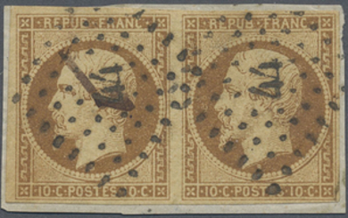 France 1852 - Napoleon III, 10c bistre-brown pair on fragment - Yvert 9a