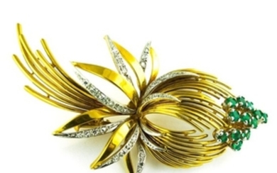18 kt. Platinum, Yellow gold - Brooch Emerald - Diamond