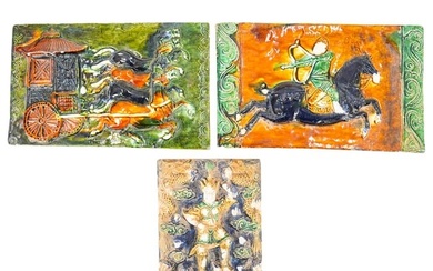 (3 Pc) Antique Chinese Sancai Glazed Ceramic Tiles