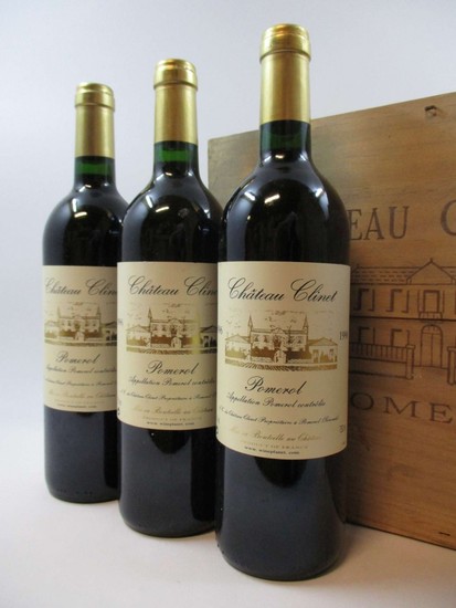 3 bouteilles CHÂTEAU CLINET 1996 Pomerol (étiquettes fripées) Caisse bois d'origine