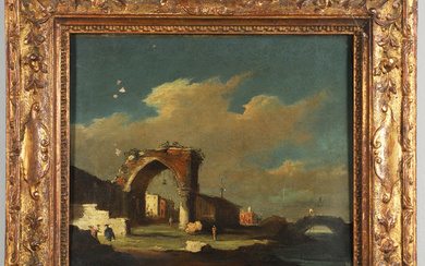 3298681. FRANCESCO GUARDI (1712-1793). After. CAPRICCIO WITH RUINED ARCH, FISHERMAN ON BRIDGE.