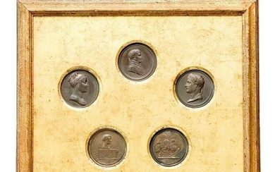 5 Napoleonic Commemorative Bronzed Medallions Framed 20th cen Emperor Napoleon