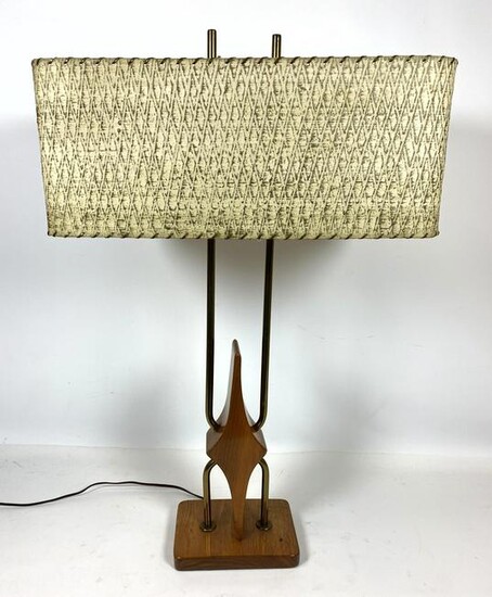 50s Modern Brass and wood Table Lamp. Original Shade.