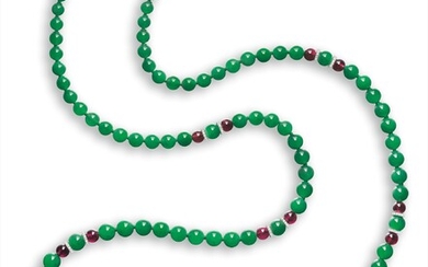 A Jadeite Bead, Rubellite and Diamond Necklace