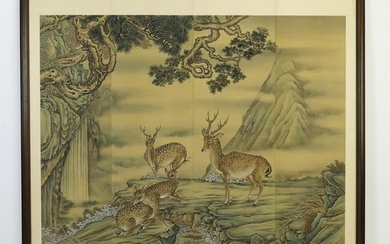Chinese hand painted scrolls of spotted deer, 60"h
