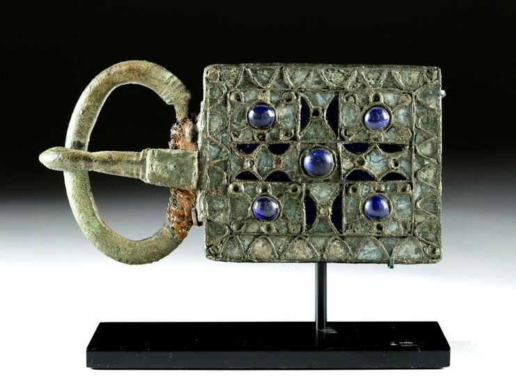5th C. Visigoth Bronze Buckle, Blue Glass Inlays
