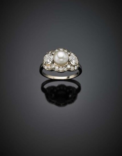 White gold pearl and diamond ring, the two diamond