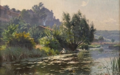 Alfred A. RENAUDIN 1866 1944 Pêcheur sur un étang…