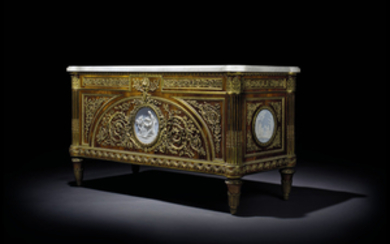 A FRENCH ORMOLU AND JASPERWARE-MOUNTED MAHOGANY COMMODE À VANTAUX, AFTER THE MODEL BY JOSEPH STÖCKEL AND GUILLAUME BENNEMAN, BY MAISON KRIEGER, PARIS, LATE 19TH CENTURY