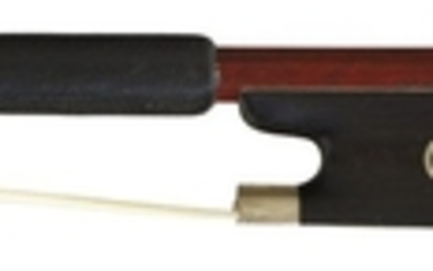 German Nickel-Mounted Violin Bow - The octagonal stick stamped AUGUST RAU at the butt, the ebony frog with pearl eye, the plain silver adjuster, weight 61.2 grams.